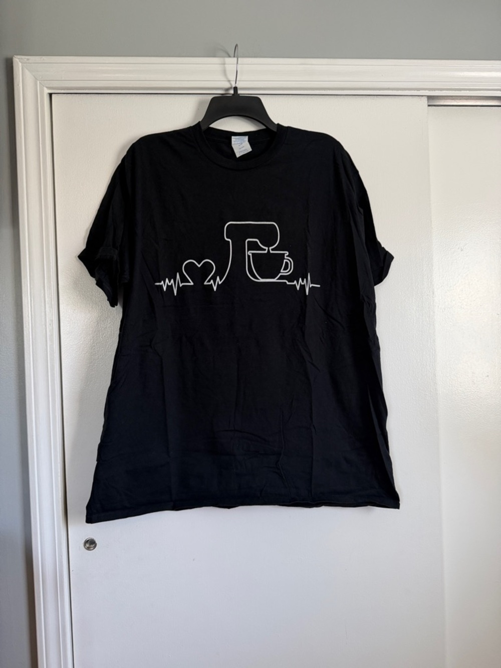 Port Authority Black Short Sleeve Tee with White Coffee & Heartbeat Graphic